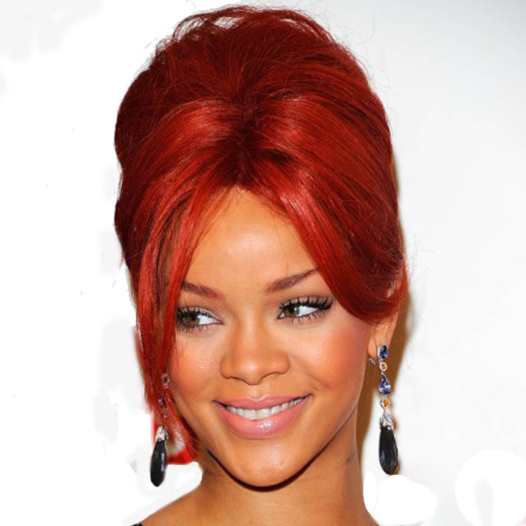 Red-haired woman with a radiant updo hairstyle.